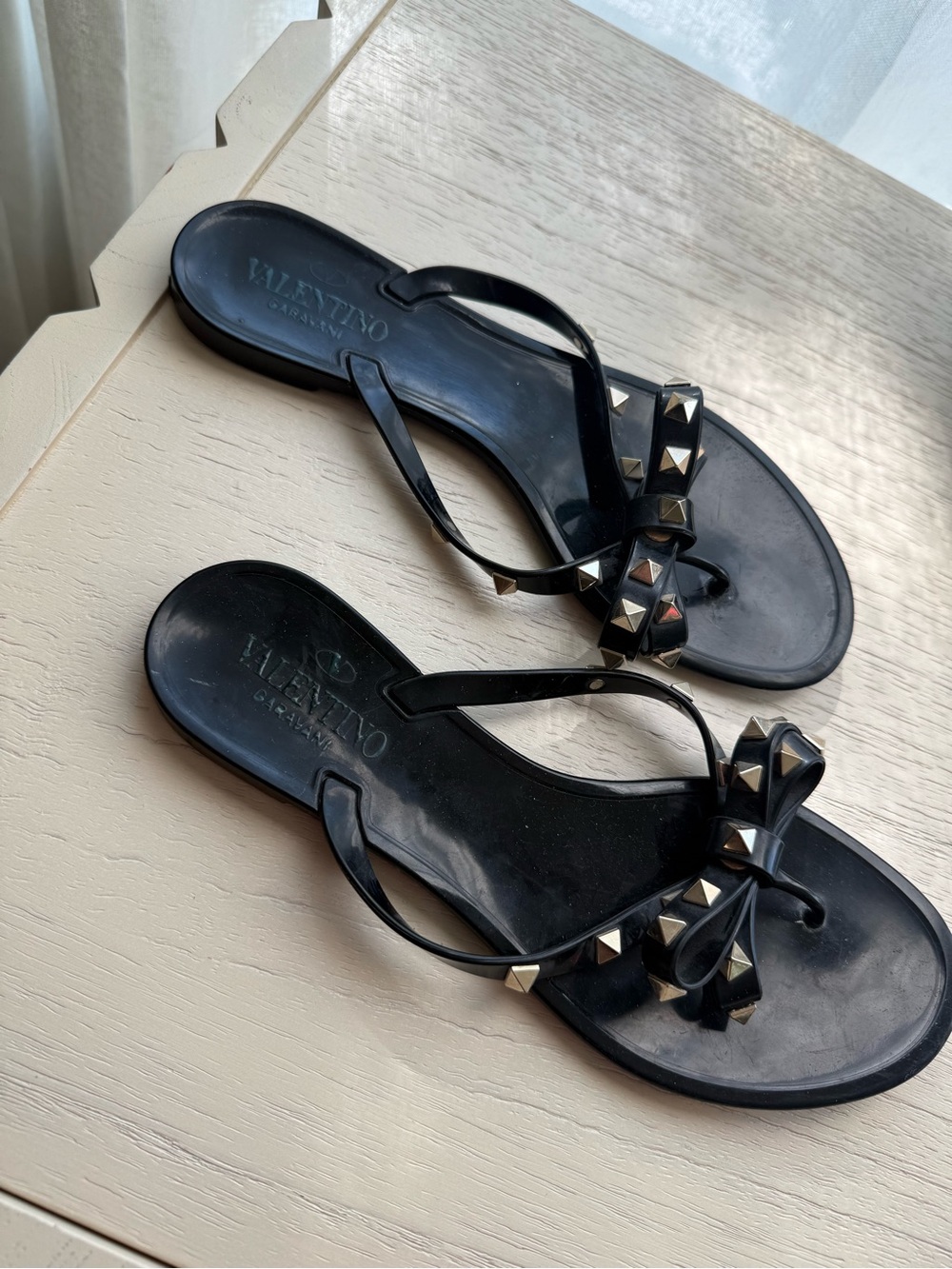 Valentino Black Jelly Sandals with Gold Rockstud Bow size 39